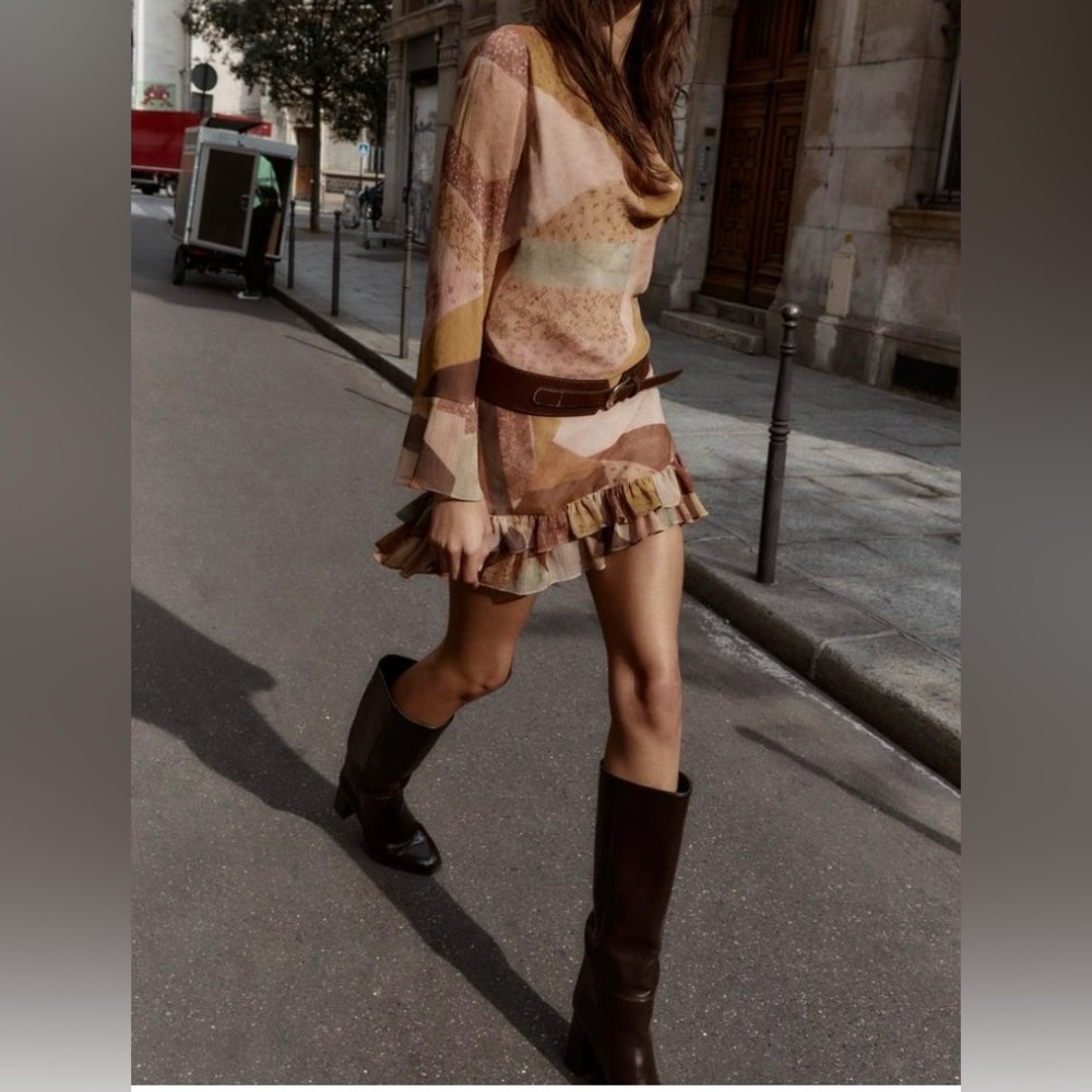 Zara Mini Dress in Beige, Brown and Mustard Patchwork
